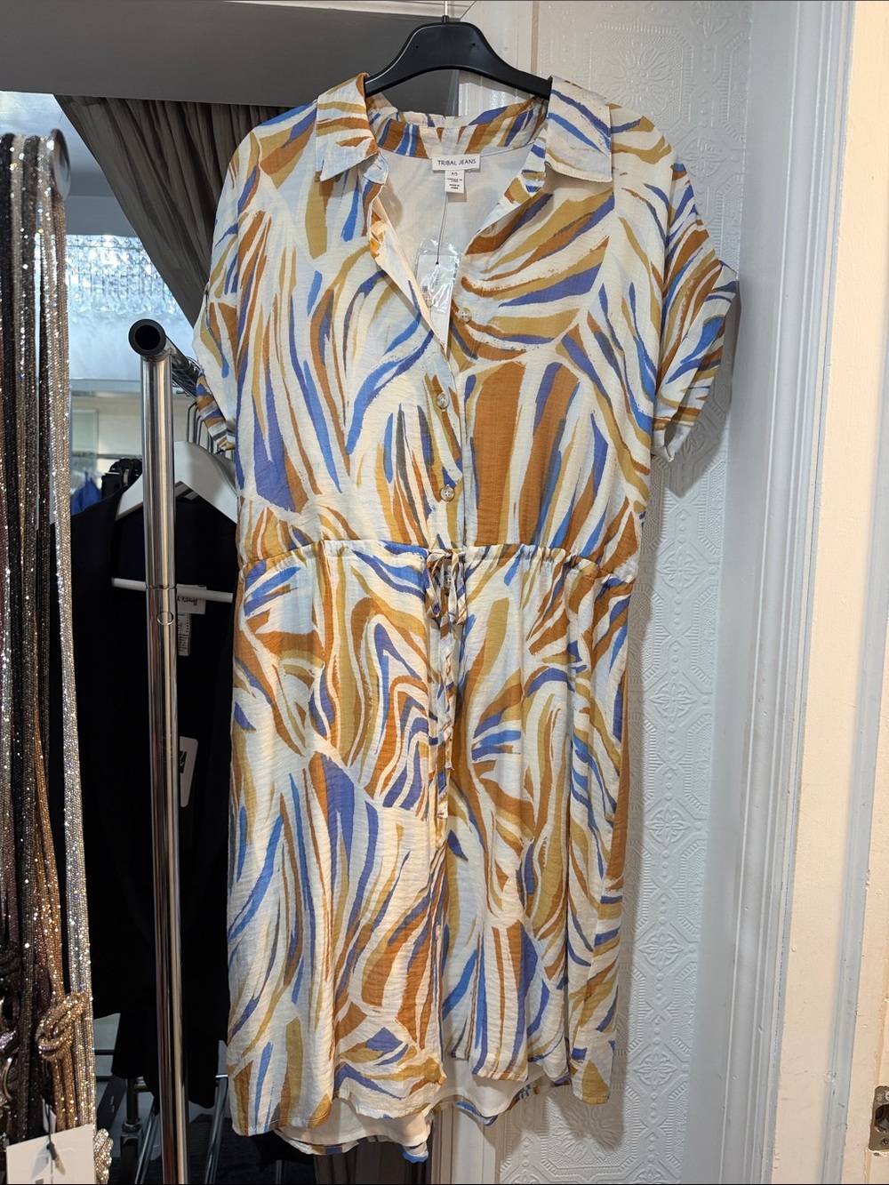 Tribal jeans Blue and Mustard Print Button-Front Shirt Dress